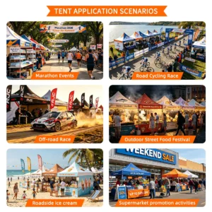 Pop-up tents used at marathons, cycling races, food festivals and store promotions
