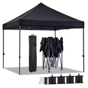 Black pop-up tent with carry bag and sandbags