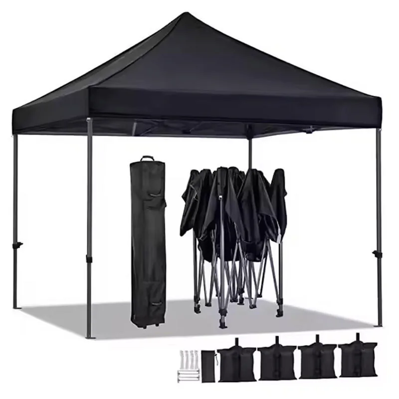Black pop-up tent with carry bag and sandbags