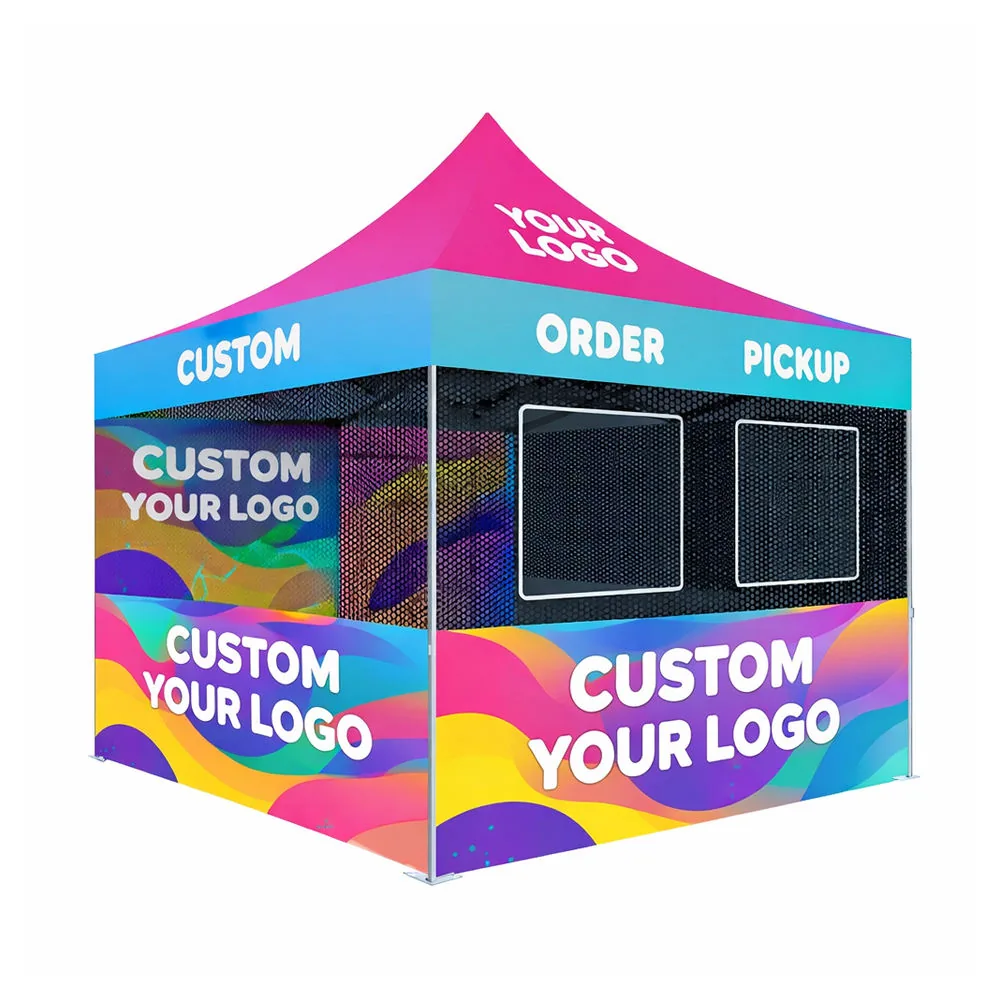 Full-print custom pop-up tent with logo printed on the canopy and walls