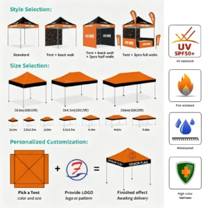 Pop-up tent style, size and customization options