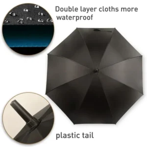 Black promotional umbrella with double-layer canopy and plastic tip