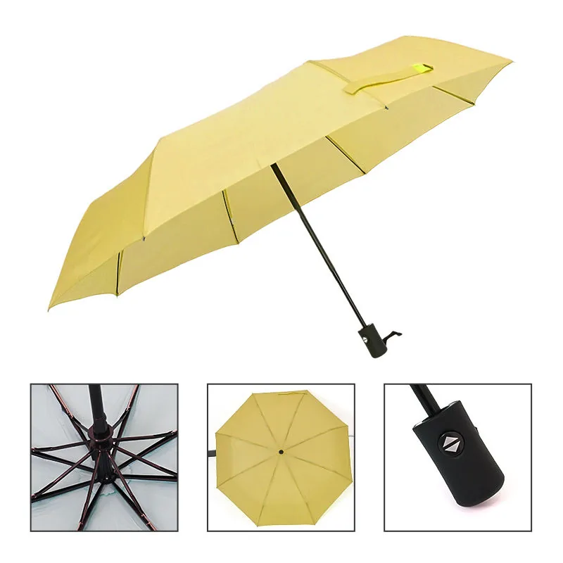 Yellow folding promotional umbrella with close-ups of the frame, canopy and handle