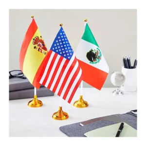 Spain, USA and Mexico table flags on gold desk stands