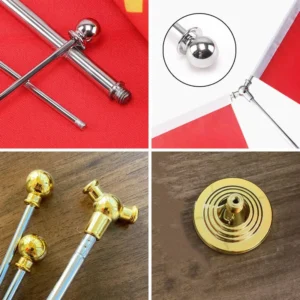 Table flag stand details: chrome and gold finials and gold base