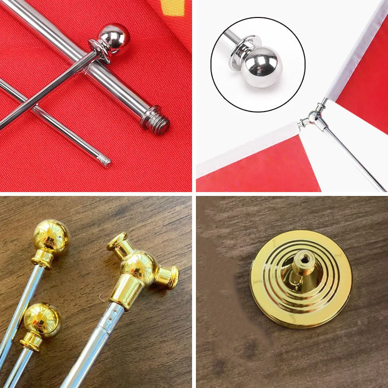 Table flag stand details: chrome and gold finials and gold base