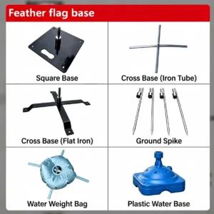 Base options for teardrop flags: square base, cross bases, ground spike, water weight bag and plastic water base