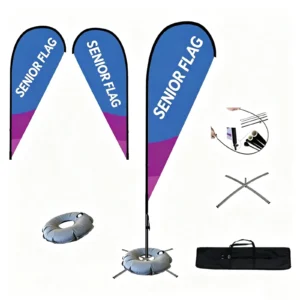 Custom teardrop flag set with water bag base, cross base and carry bag