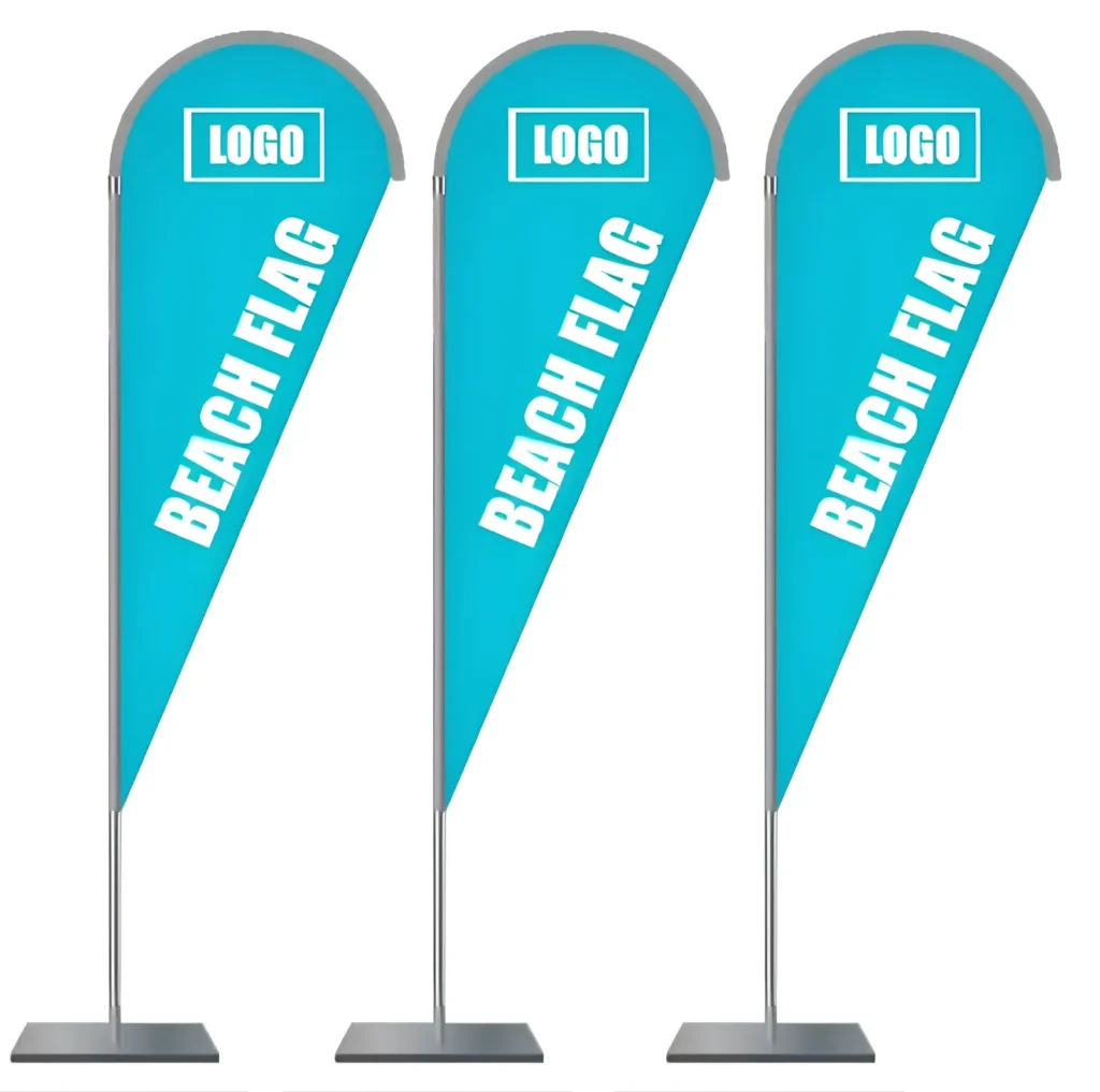 Three cyan custom teardrop flags with logo on square bases