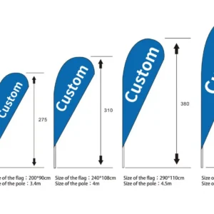 Teardrop flag size chart from 166 x 75 cm on a 2.8 m pole to 350 x 130 cm on a 5.5 m pole