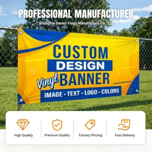 Custom vinyl banner displayed on a fence