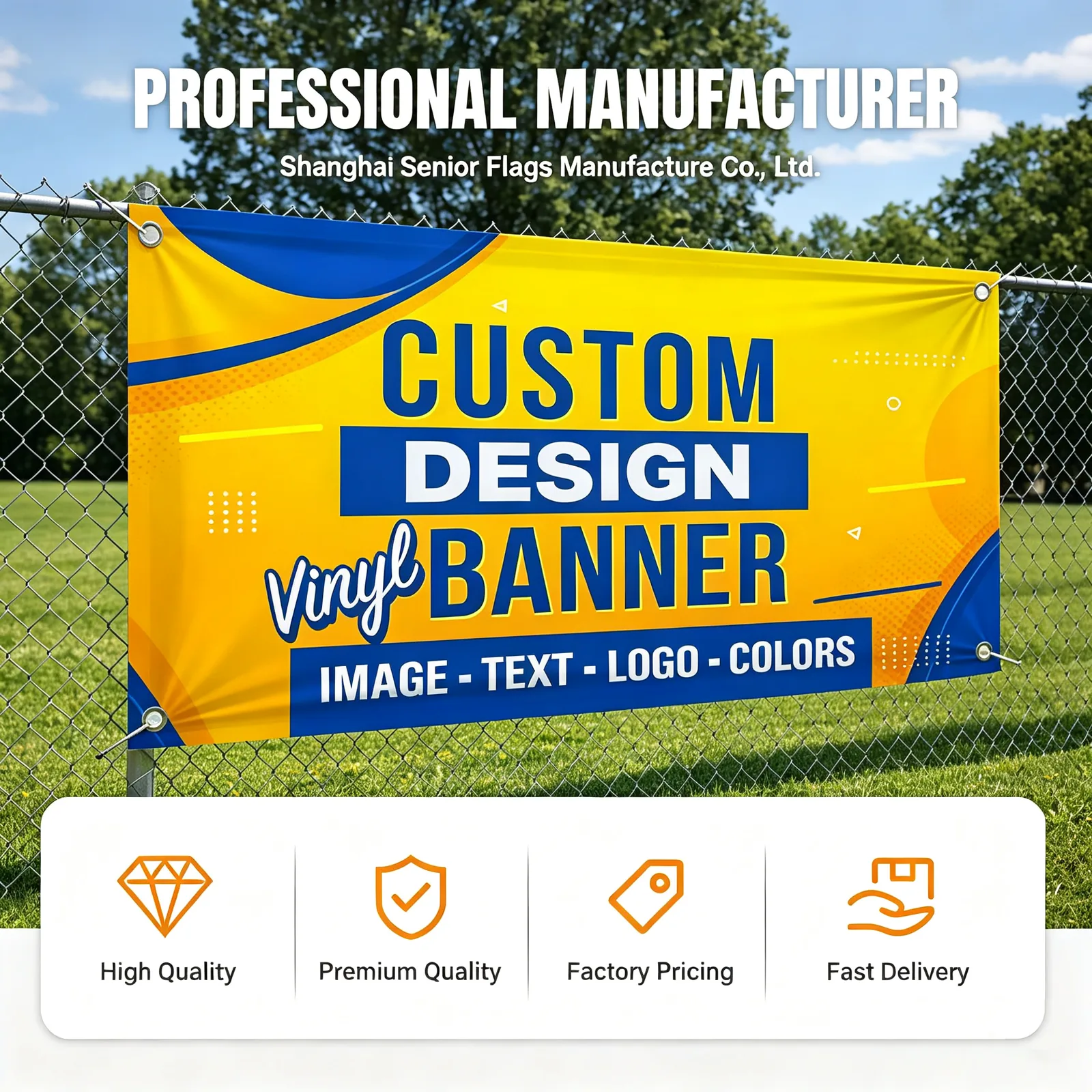 Custom printed banner displayed on a fence