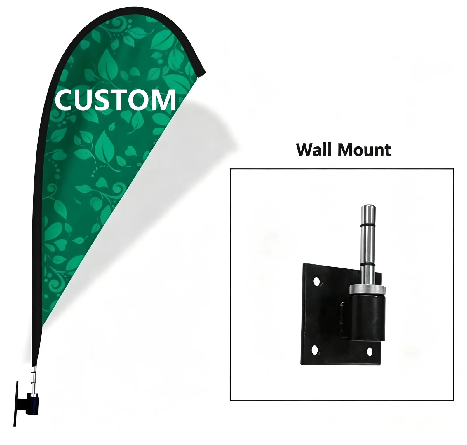 Main-image style custom wall flag, teardrop shape on a metal wall-mount bracket