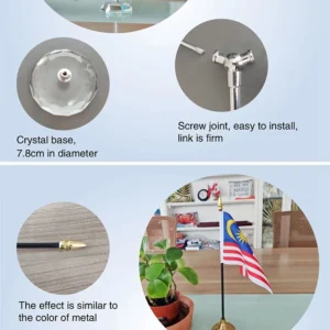 Desk flag stand details with crystal base and gold base options