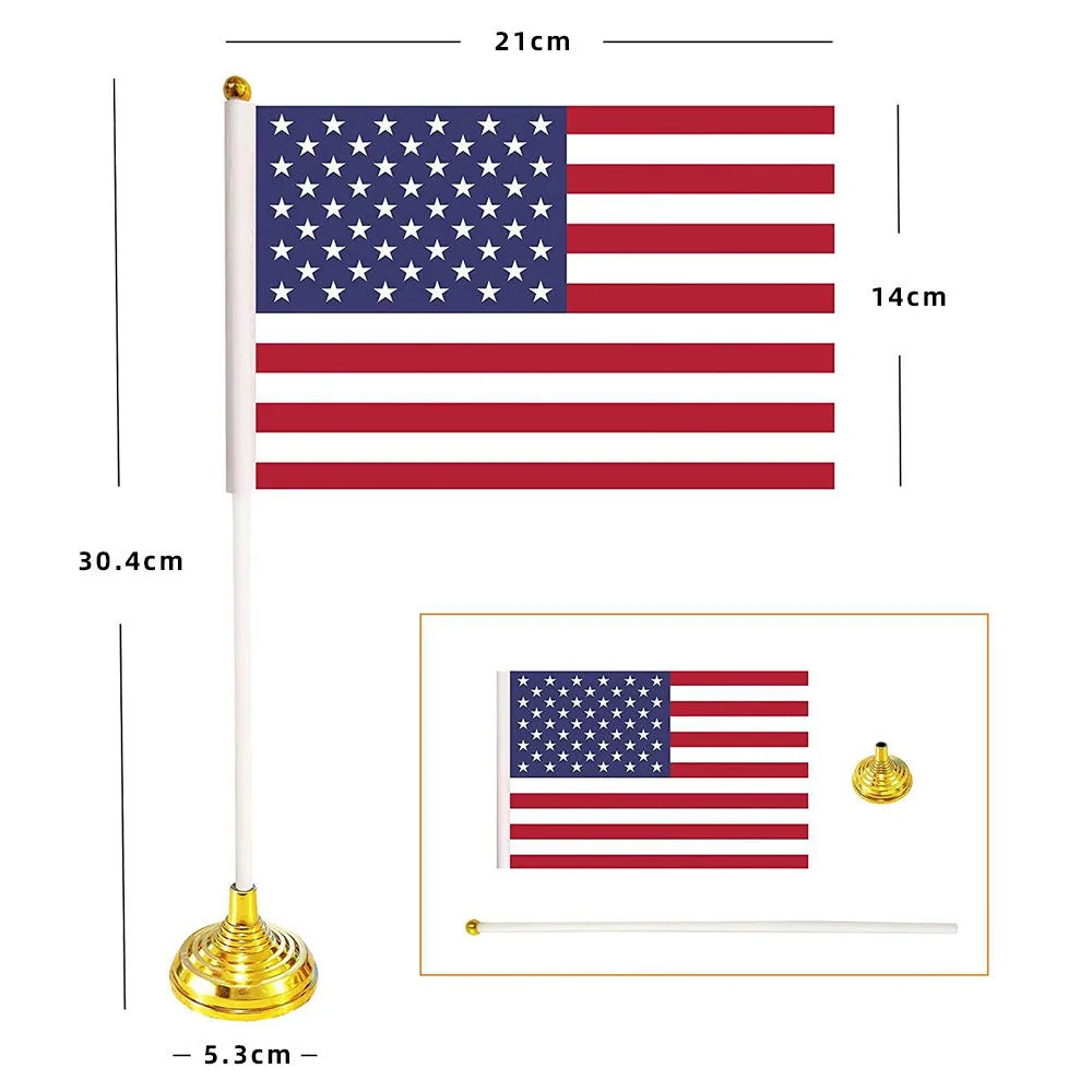 Desk flag stand dimension reference with a 21 × 14 cm flag, pole and gold base