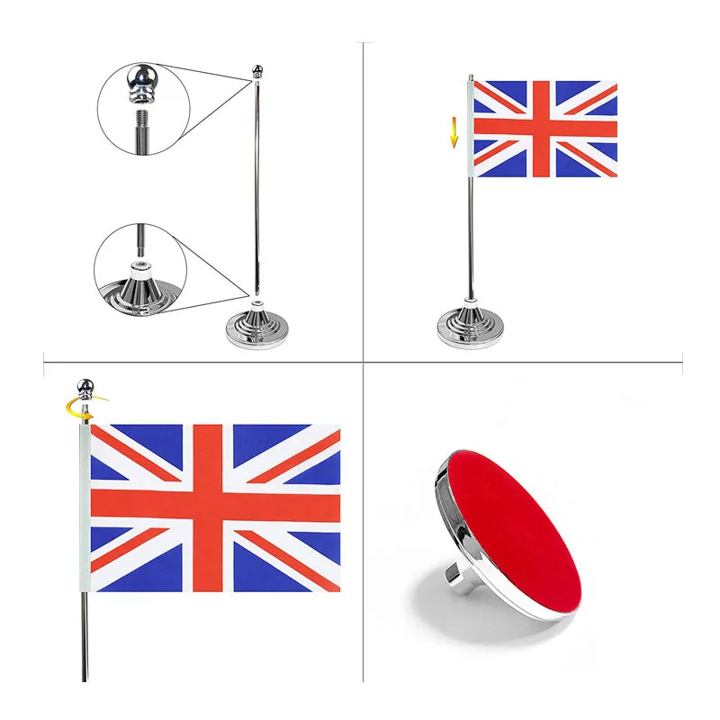 Chrome desk flag stand with a UK flag and base details