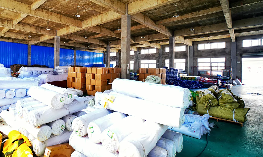 Fabric rolls and cartons in the Senior Flags factory warehouse