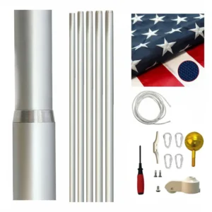 Sectional flagpole kit with pole sections, rope, clips, gold ball and tools
