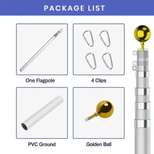 Flagpole package list: flagpole, 4 clips, PVC ground sleeve and gold ball