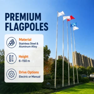 Stainless steel and aluminum alloy flagpoles from 6 m to 150 m, electric or manual