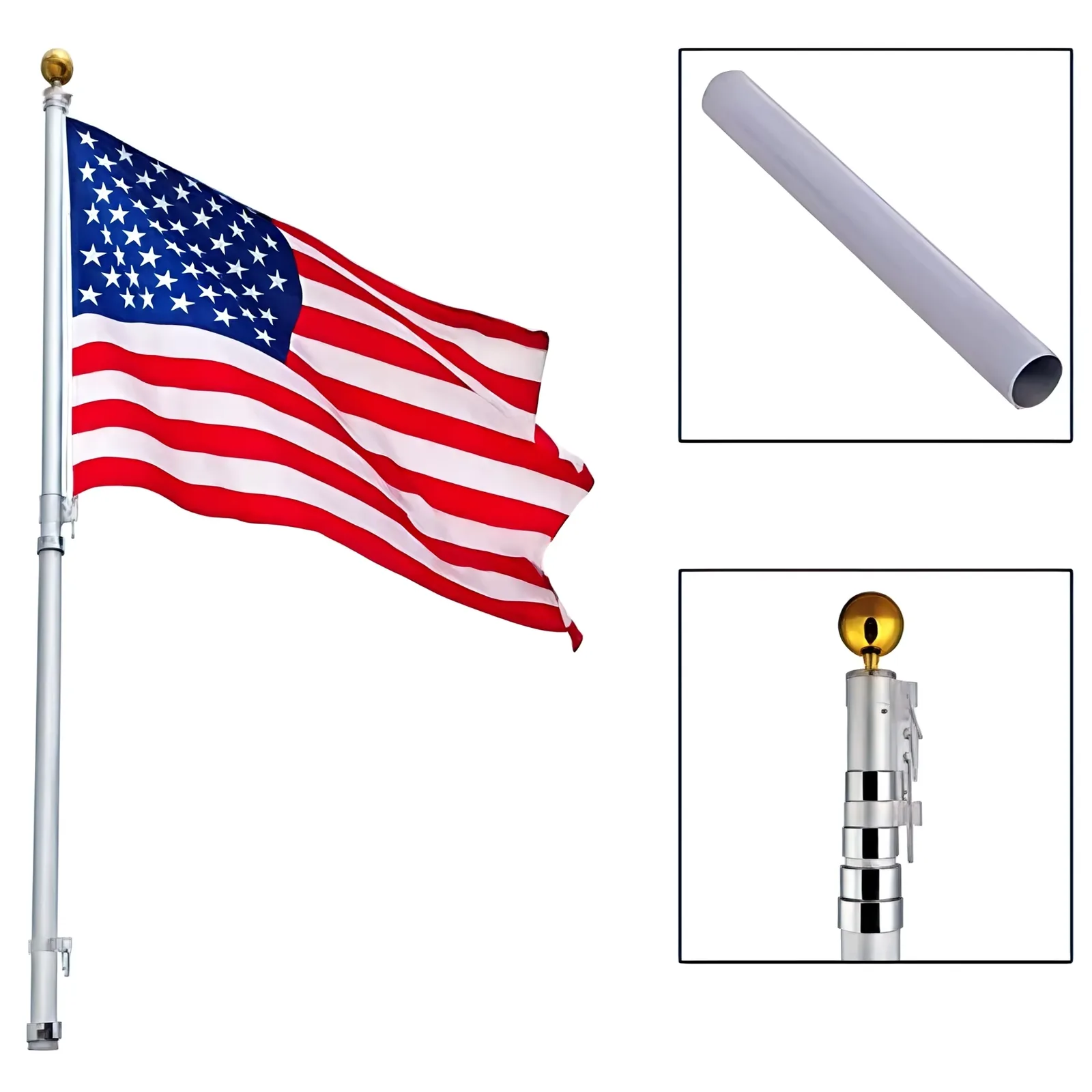 Telescopic aluminium outdoor flagpole with a US flag and gold ball top