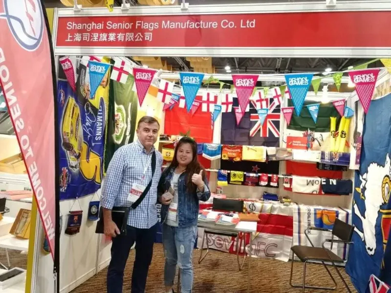 Senior Flags trade show booth with custom flags, bunting and scarves