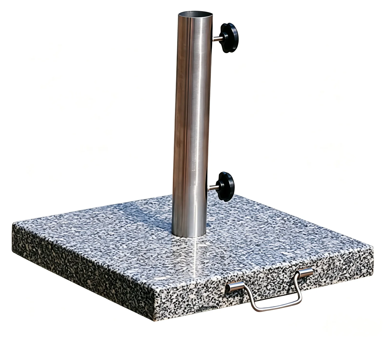 Square granite umbrella base with steel tube and carrying handle