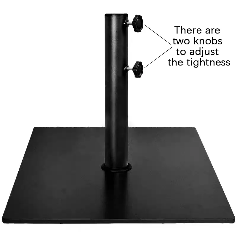 Black square metal umbrella base with two tightening knobs on the tube