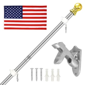 Wall-mounted flagpole kit with US flag, gold ball, aluminum bracket and screws
