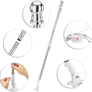 Stainless steel wall-mounted flagpole with ball top and bracket details
