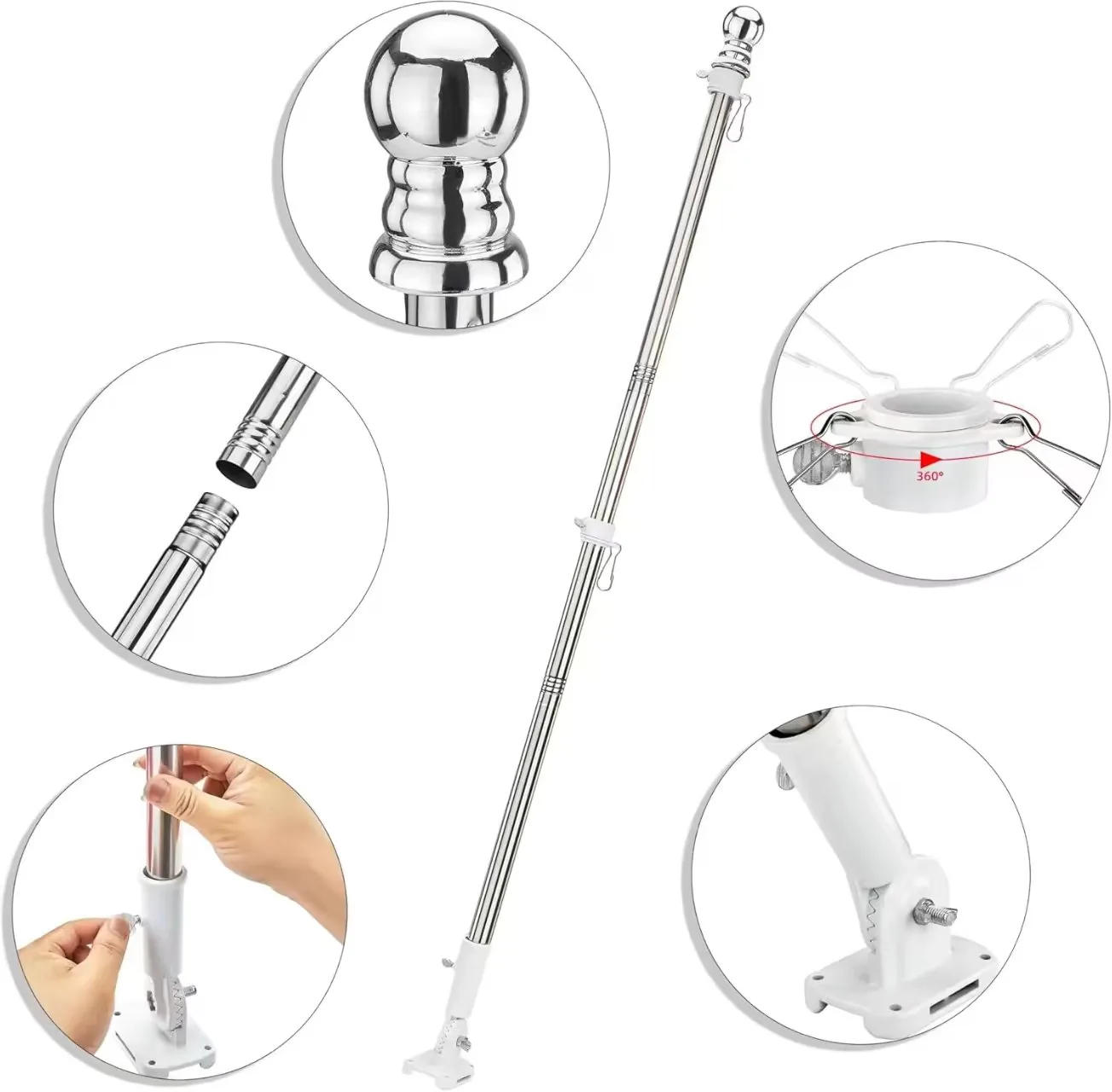 Stainless steel wall-mounted flagpole with ball top and bracket details